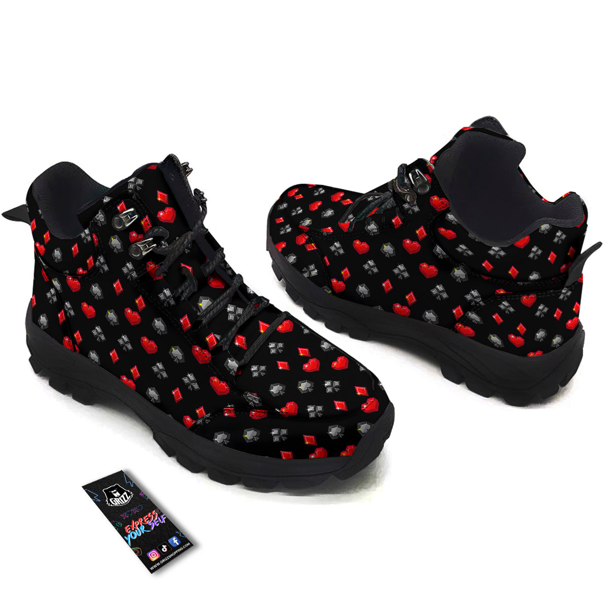 Casino Card Suits Red Black Print Pattern Hiking Shoes-grizzshop