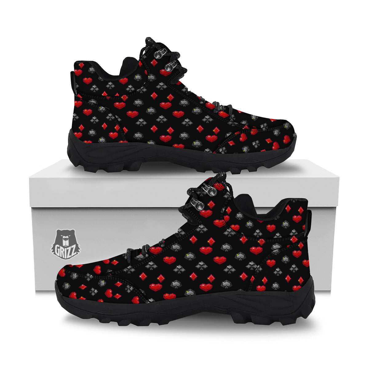 Casino Card Suits Red Black Print Pattern Hiking Shoes-grizzshop
