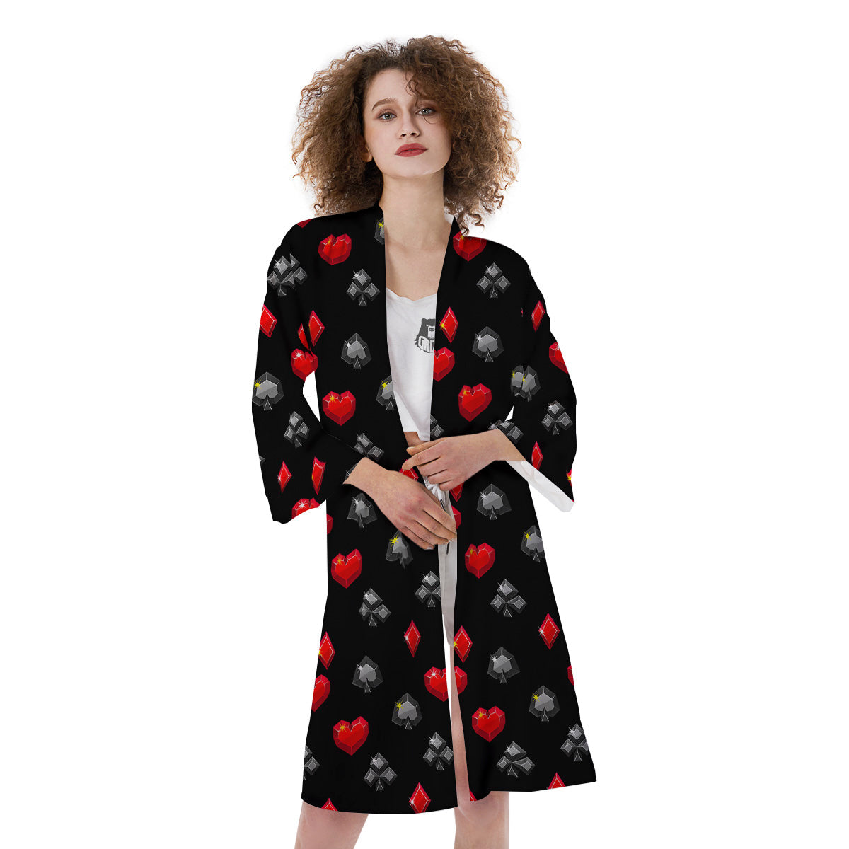Casino Card Suits Red Black Print Pattern Kimono-grizzshop