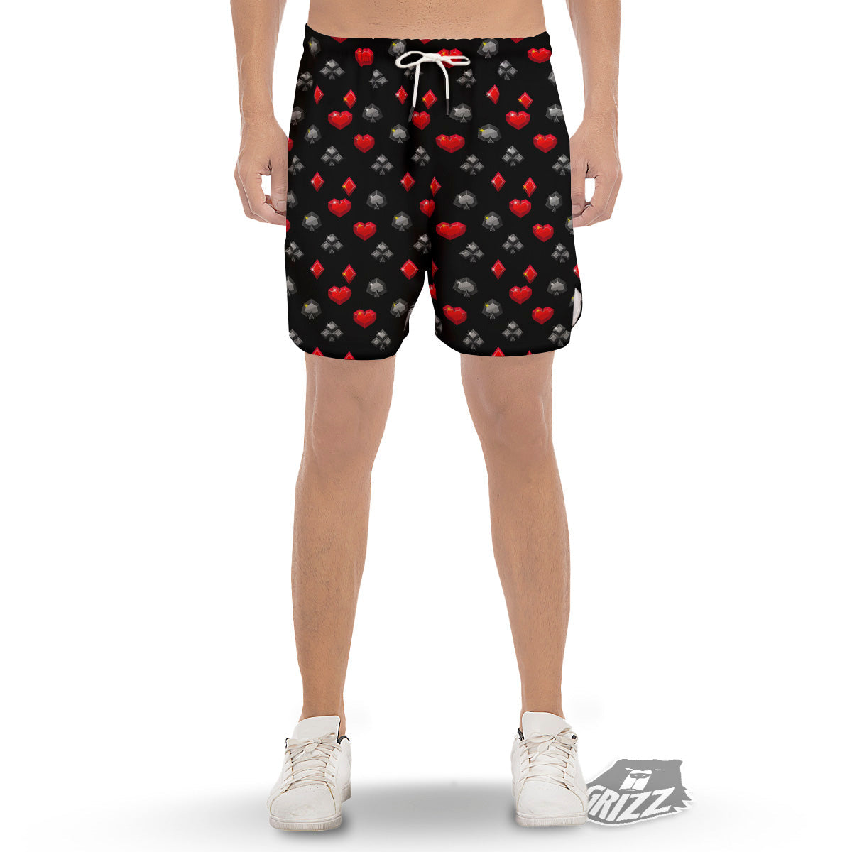 Casino Card Suits Red Black Print Pattern Men's Gym Shorts-grizzshop