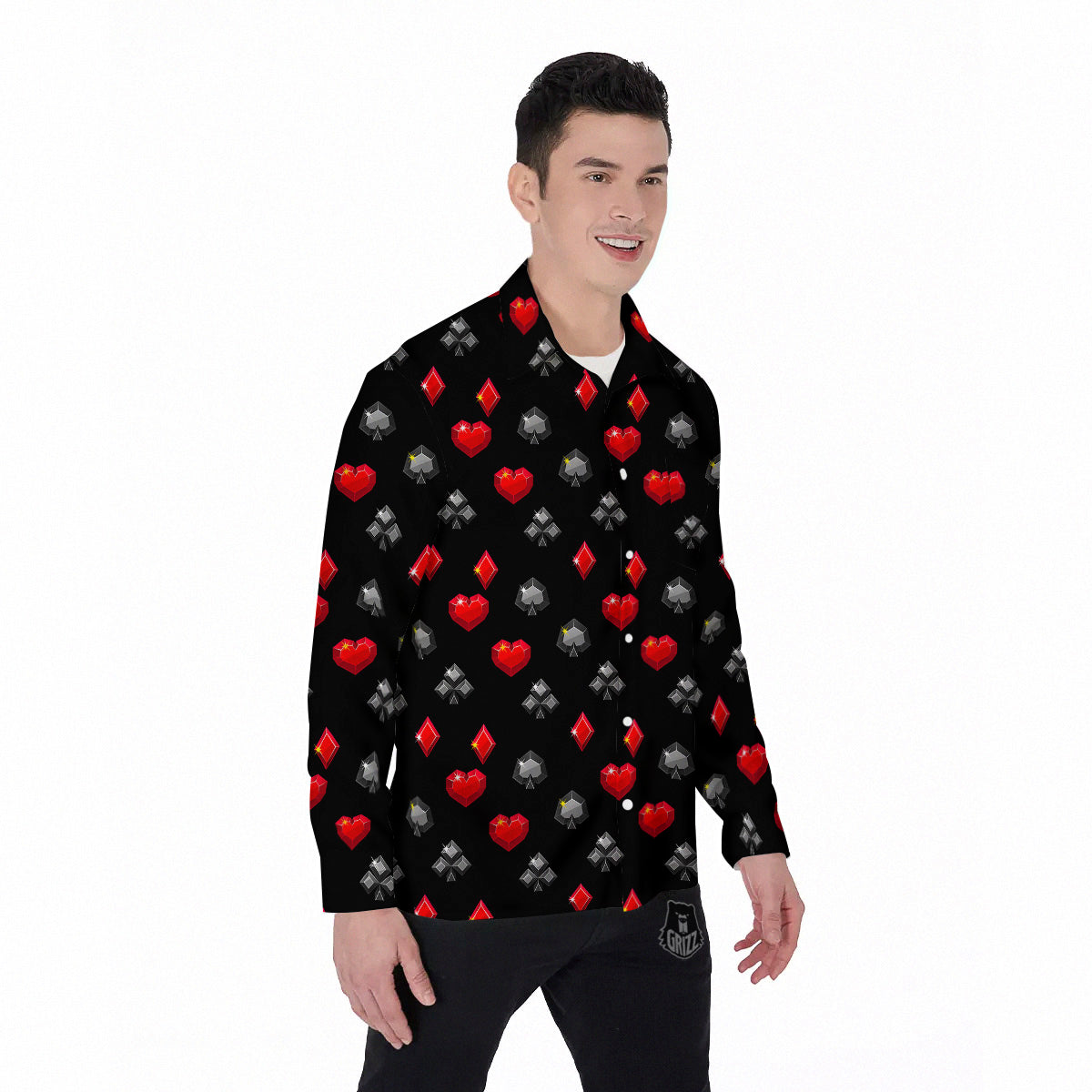 Casino Card Suits Red Black Print Pattern Men's Long Sleeve Shirts-grizzshop