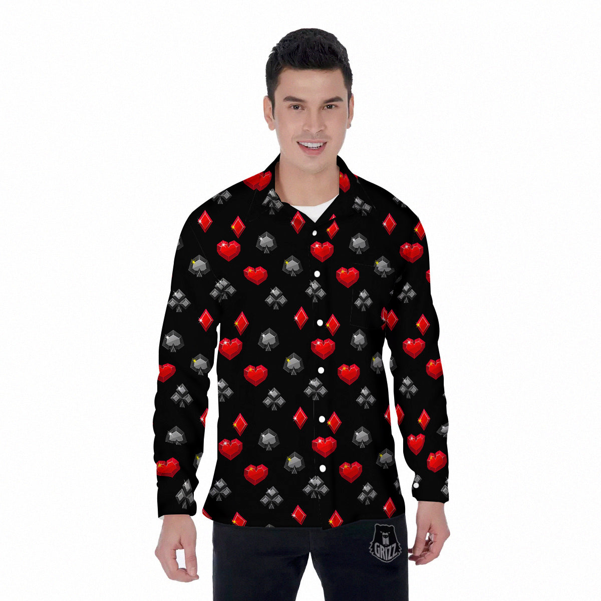 Casino Card Suits Red Black Print Pattern Men's Long Sleeve Shirts-grizzshop