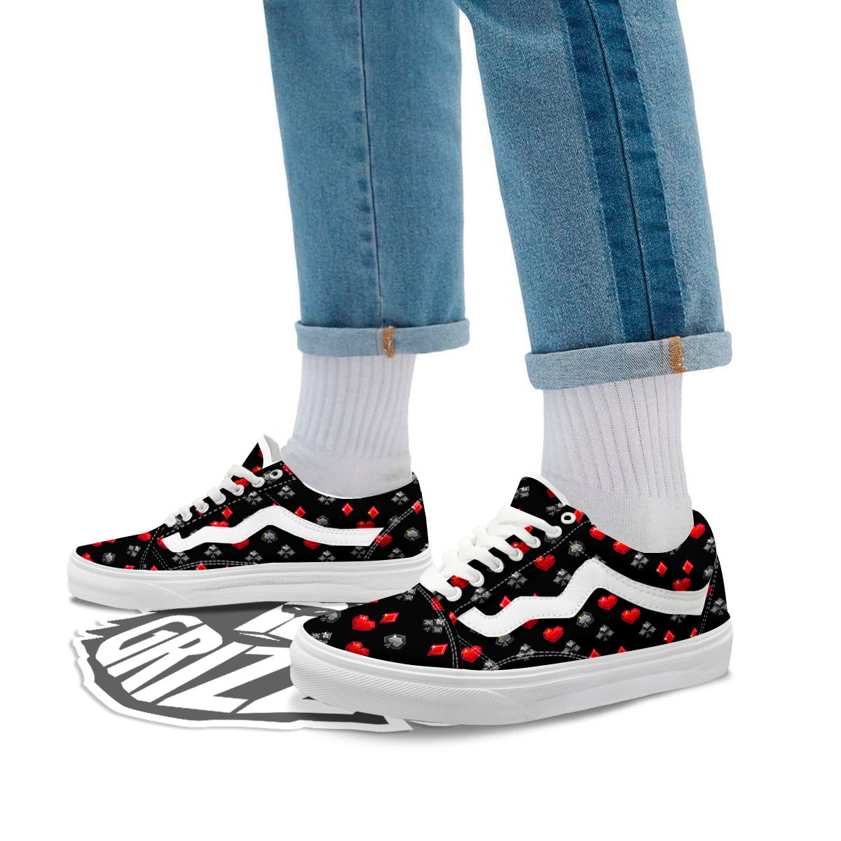 Casino Card Suits Red Black Print Pattern Skate Shoes-grizzshop