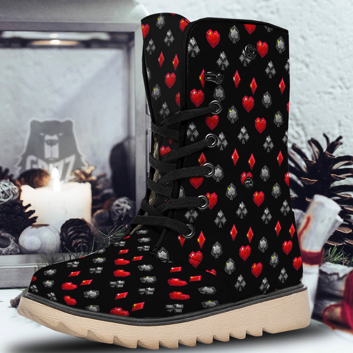 Casino Card Suits Red Black Print Pattern Snow Boots-grizzshop