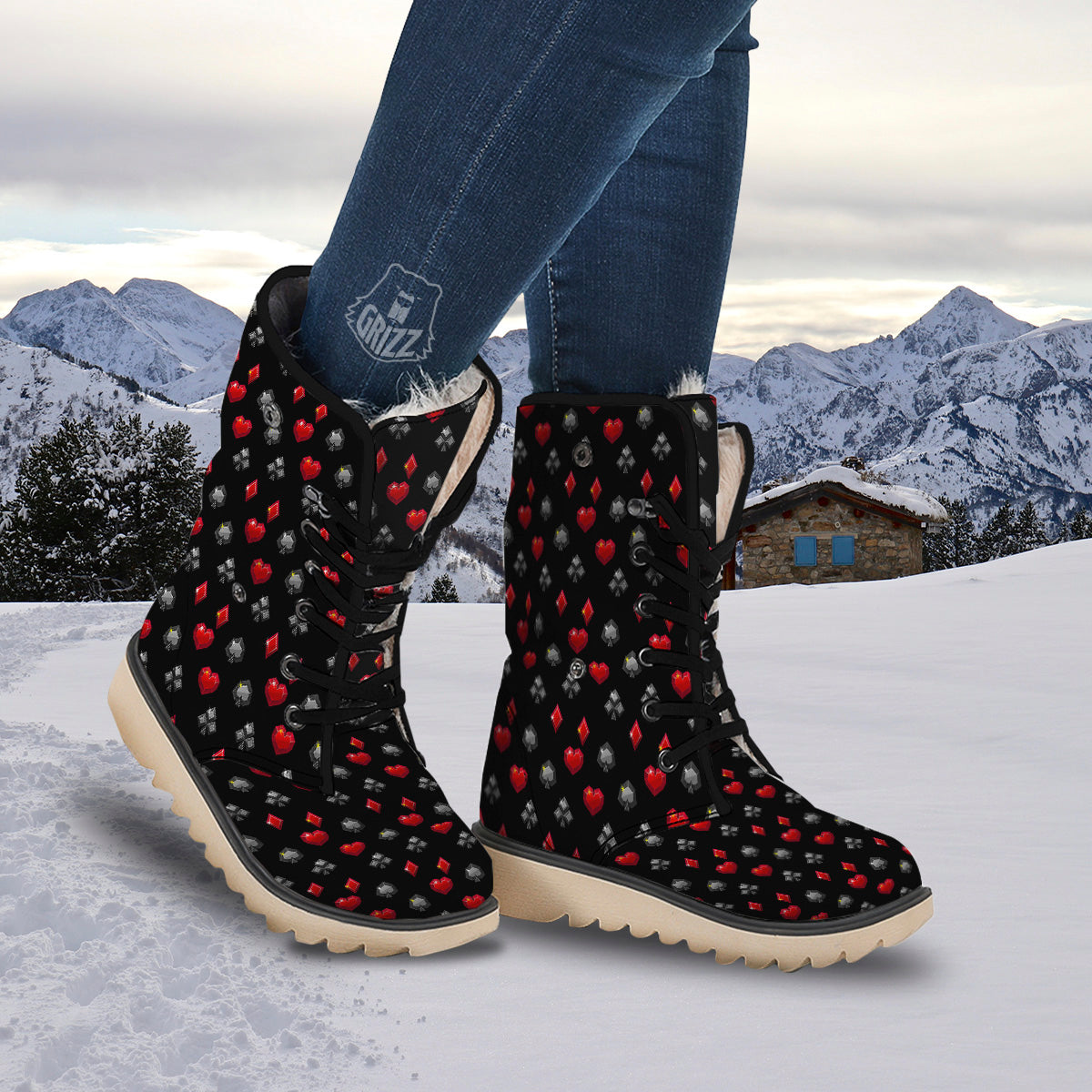 Casino Card Suits Red Black Print Pattern Snow Boots-grizzshop