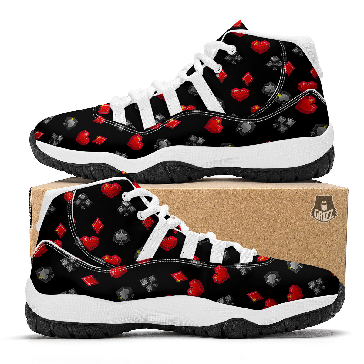 Casino Card Suits Red Black Print Pattern White Bball Shoes-grizzshop