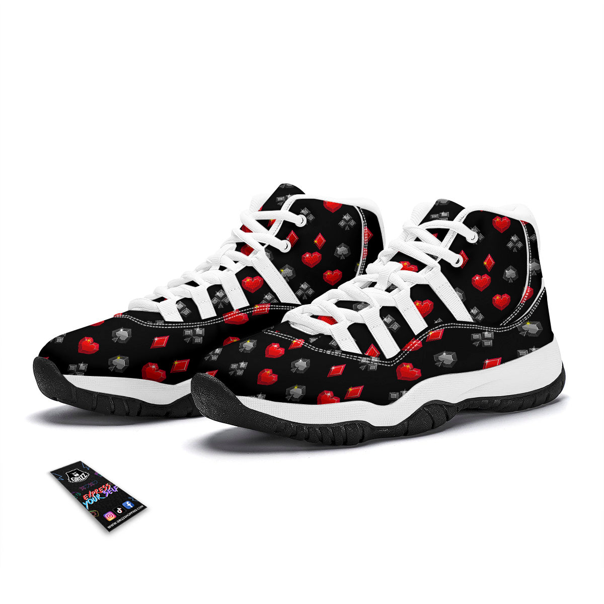 Casino Card Suits Red Black Print Pattern White Bball Shoes-grizzshop