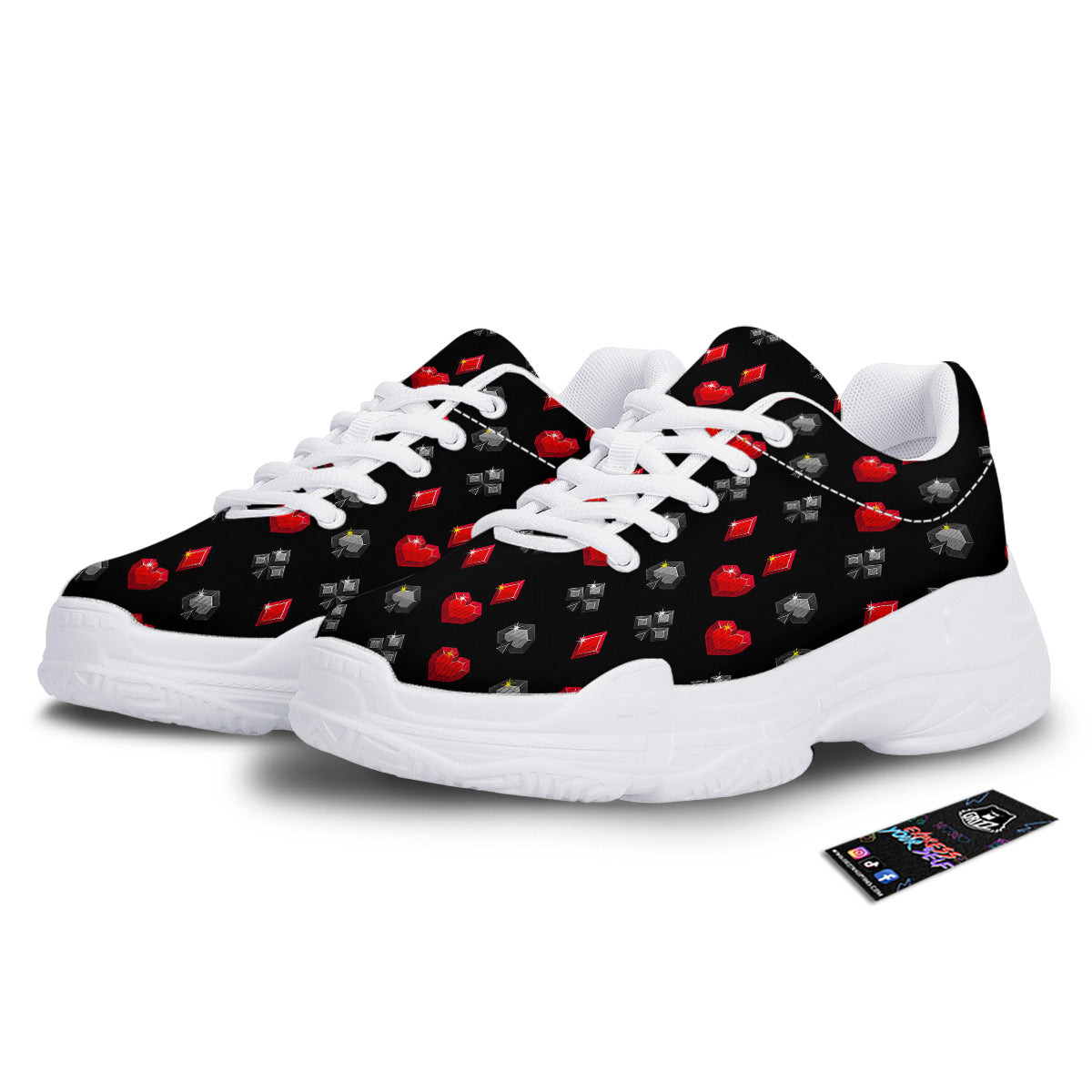 Casino Card Suits Red Black Print Pattern White Chunky Shoes-grizzshop