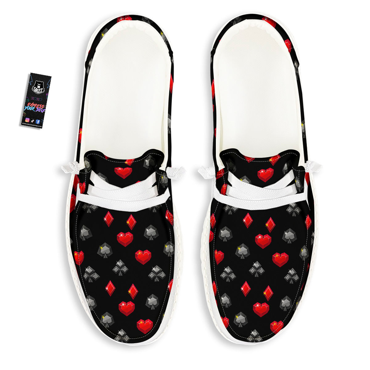 Casino Card Suits Red Black Print Pattern White Loafers-grizzshop