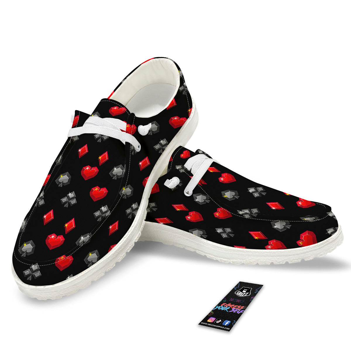 Casino Card Suits Red Black Print Pattern White Loafers-grizzshop