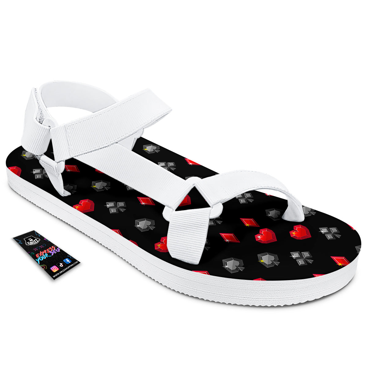 Casino Card Suits Red Black Print Pattern White Open Toe Sandals-grizzshop