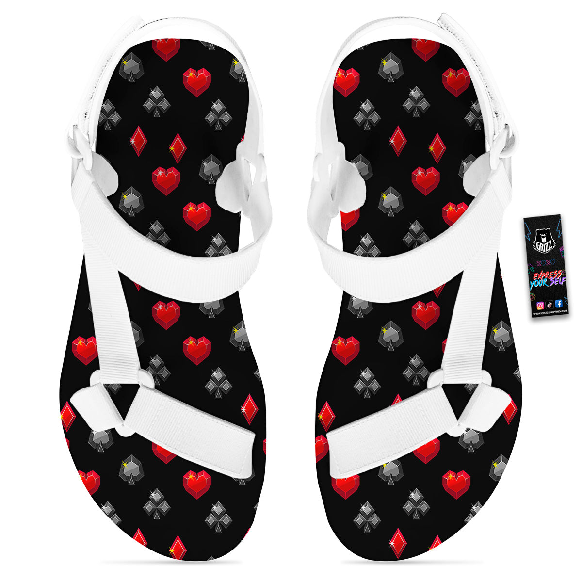 Casino Card Suits Red Black Print Pattern White Open Toe Sandals-grizzshop