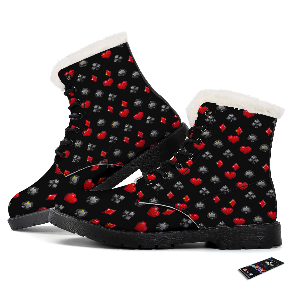 Casino Card Suits Red Black Print Pattern Winter Boots-grizzshop