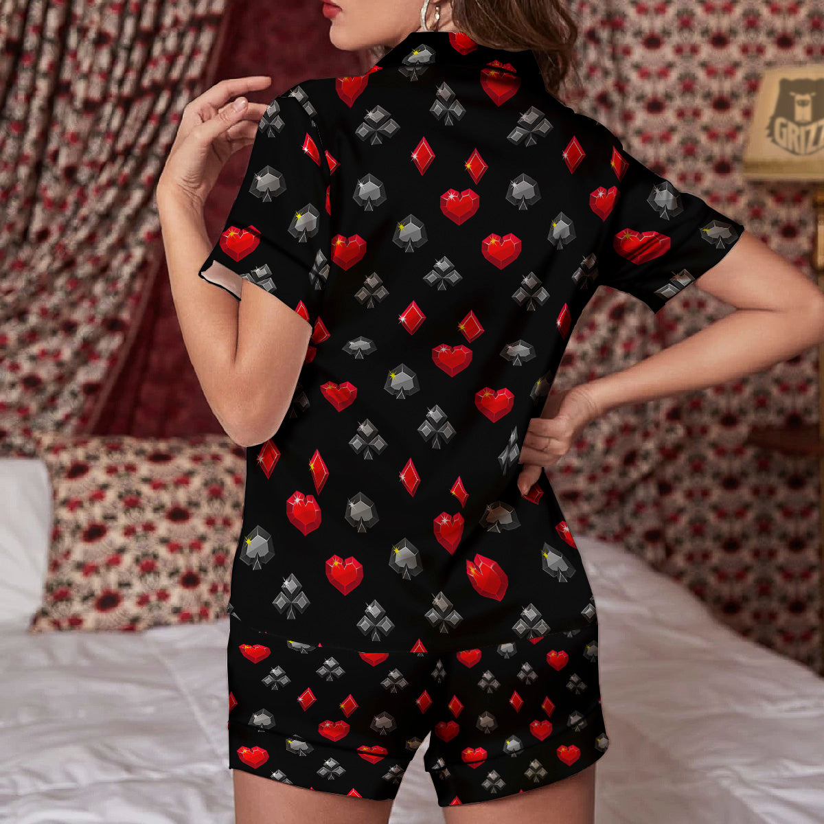Casino Card Suits Red Black Print Pattern Women Silk Pajamas-grizzshop