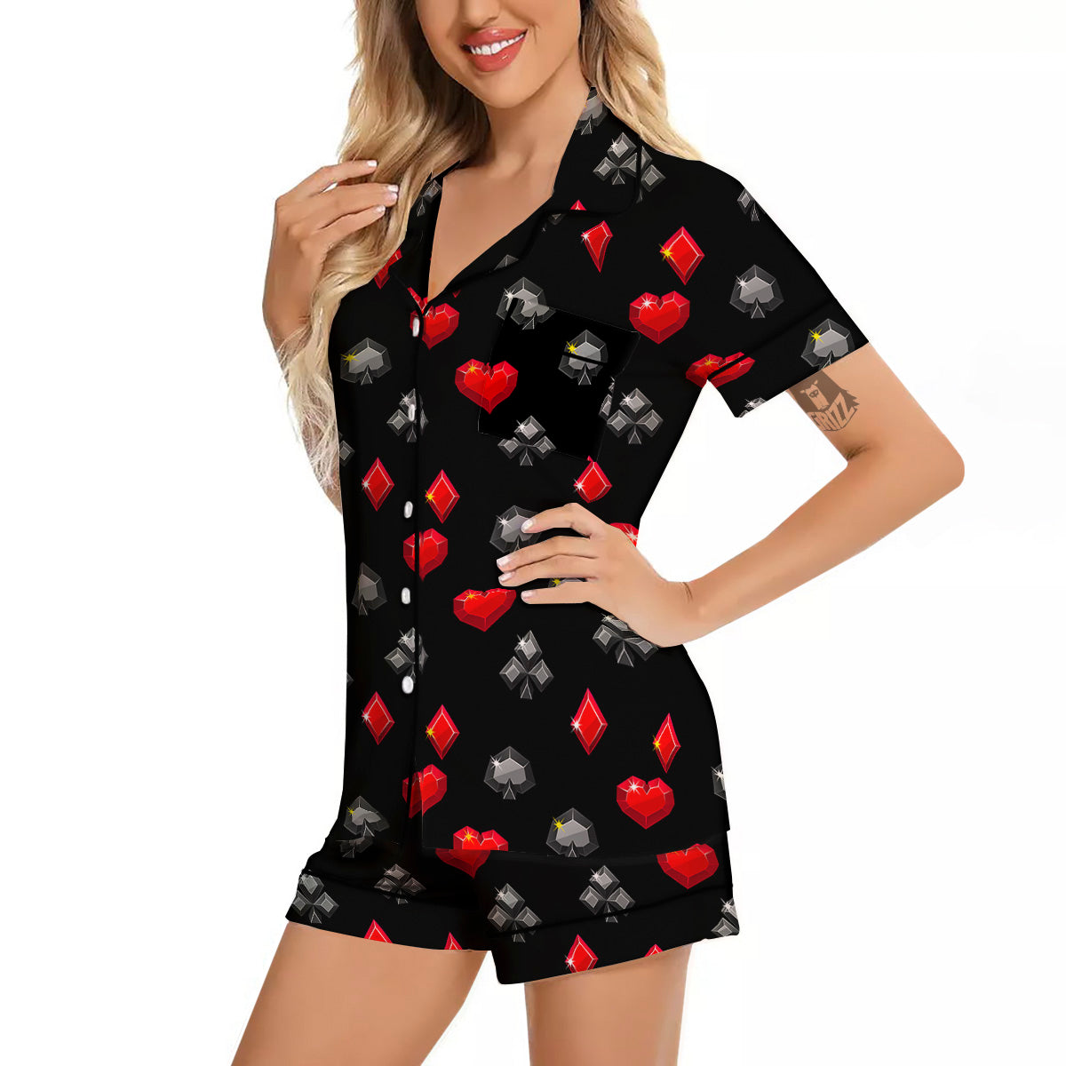 Casino Card Suits Red Black Print Pattern Women Silk Pajamas-grizzshop