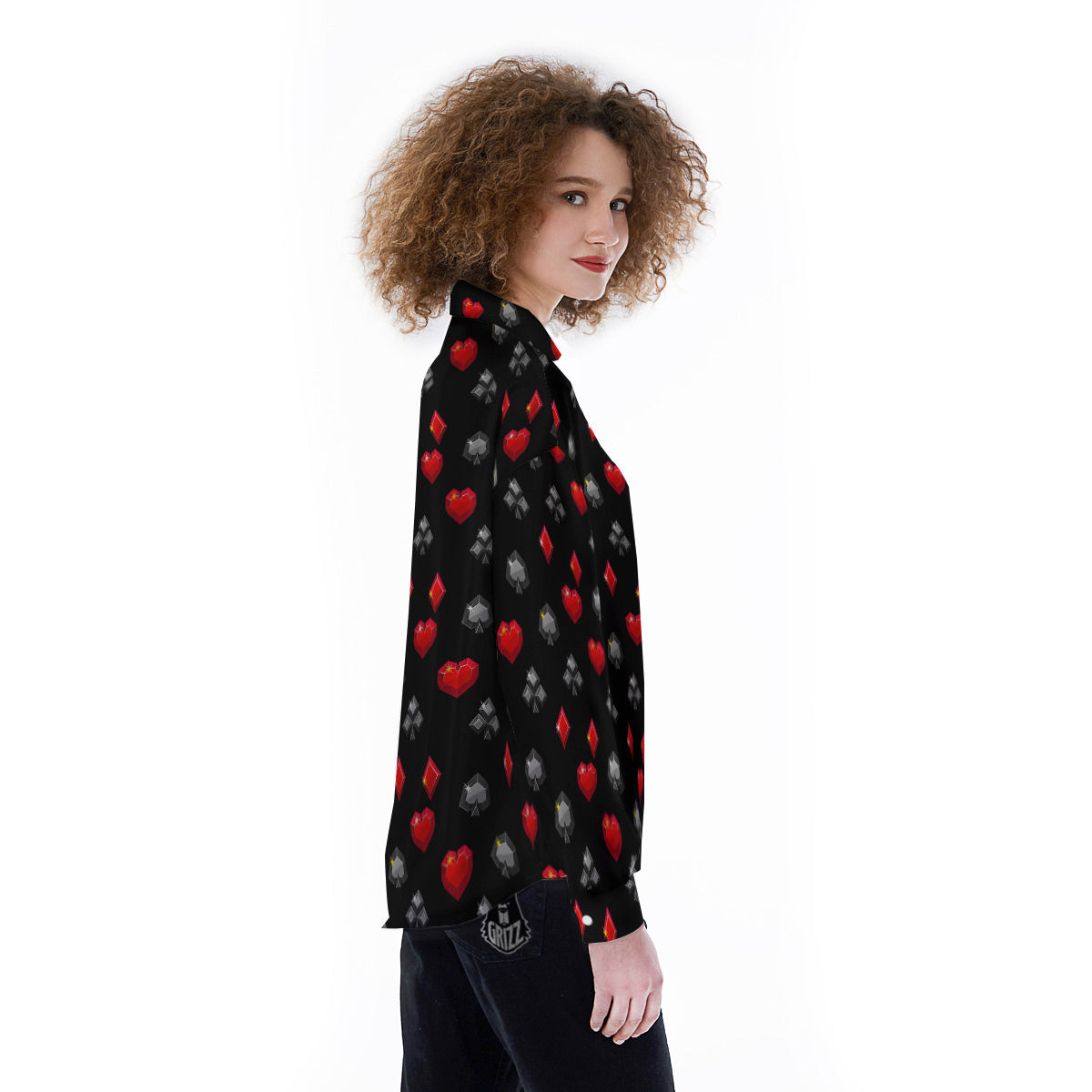 Casino Card Suits Red Black Print Pattern Women's Long Sleeve Shirts-grizzshop