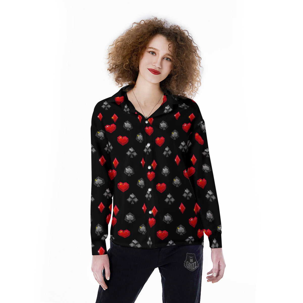 Casino Card Suits Red Black Print Pattern Women's Long Sleeve Shirts-grizzshop