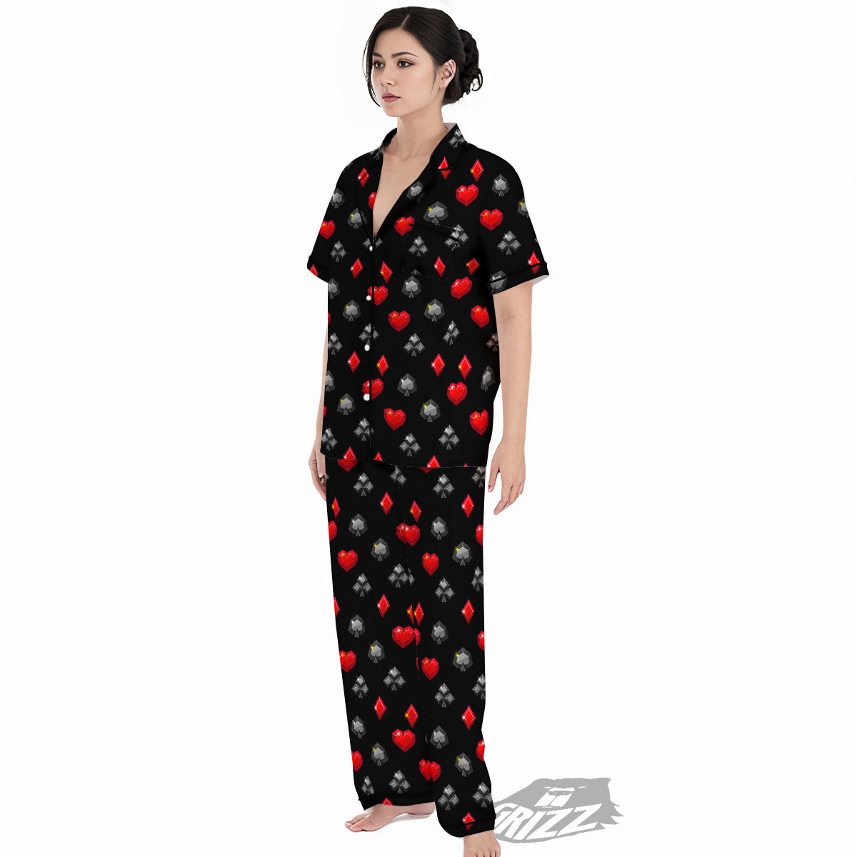 Casino Card Suits Red Black Print Pattern Women's Pajamas Set-grizzshop