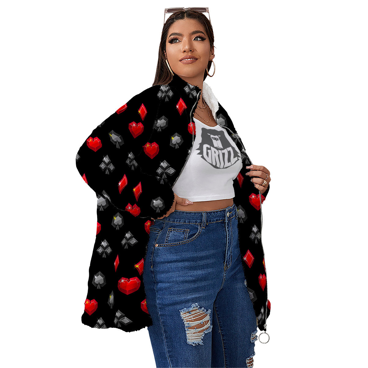 Casino Card Suits Red Black Print Pattern Women's Sherpa Jacket-grizzshop