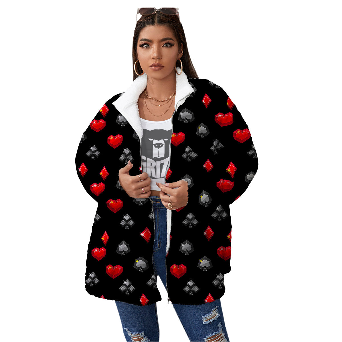 Casino Card Suits Red Black Print Pattern Women's Sherpa Jacket-grizzshop