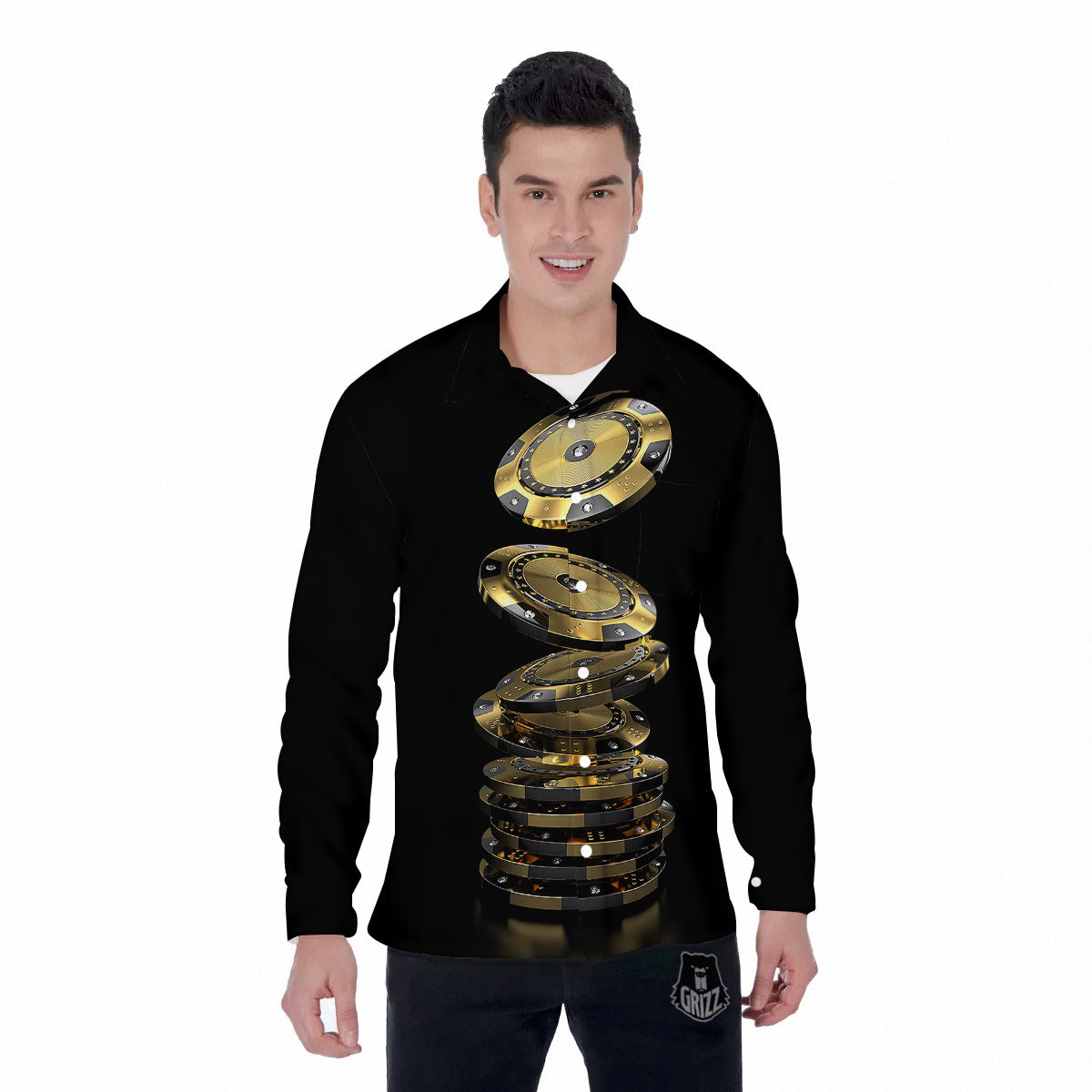 Casino Chips Poker Print Men's Long Sleeve Shirts-grizzshop