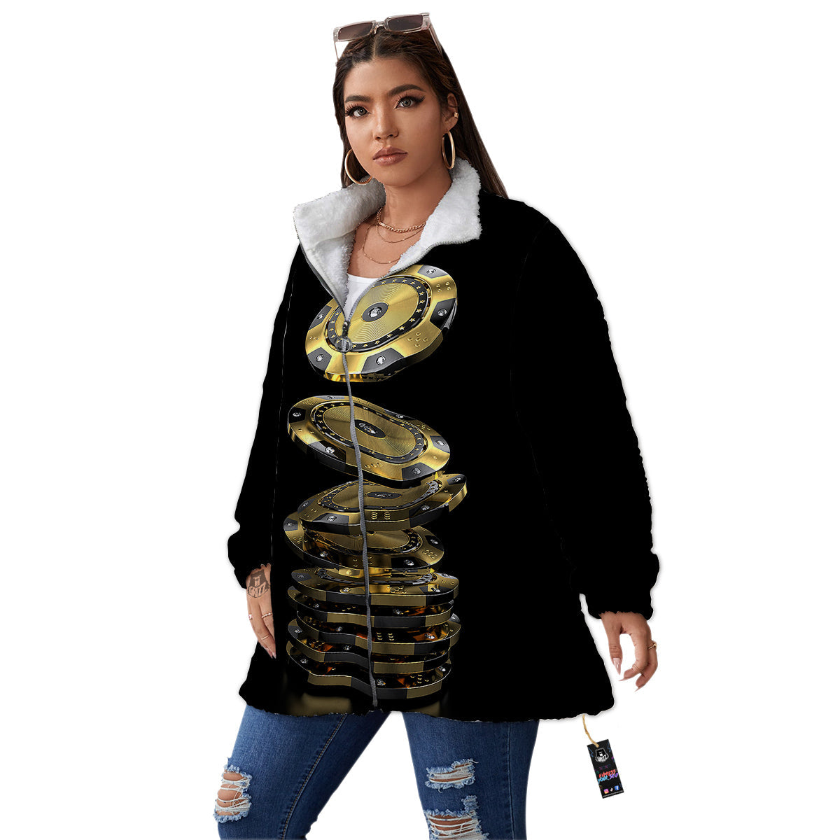 Casino Chips Poker Print Women's Sherpa Jacket-grizzshop