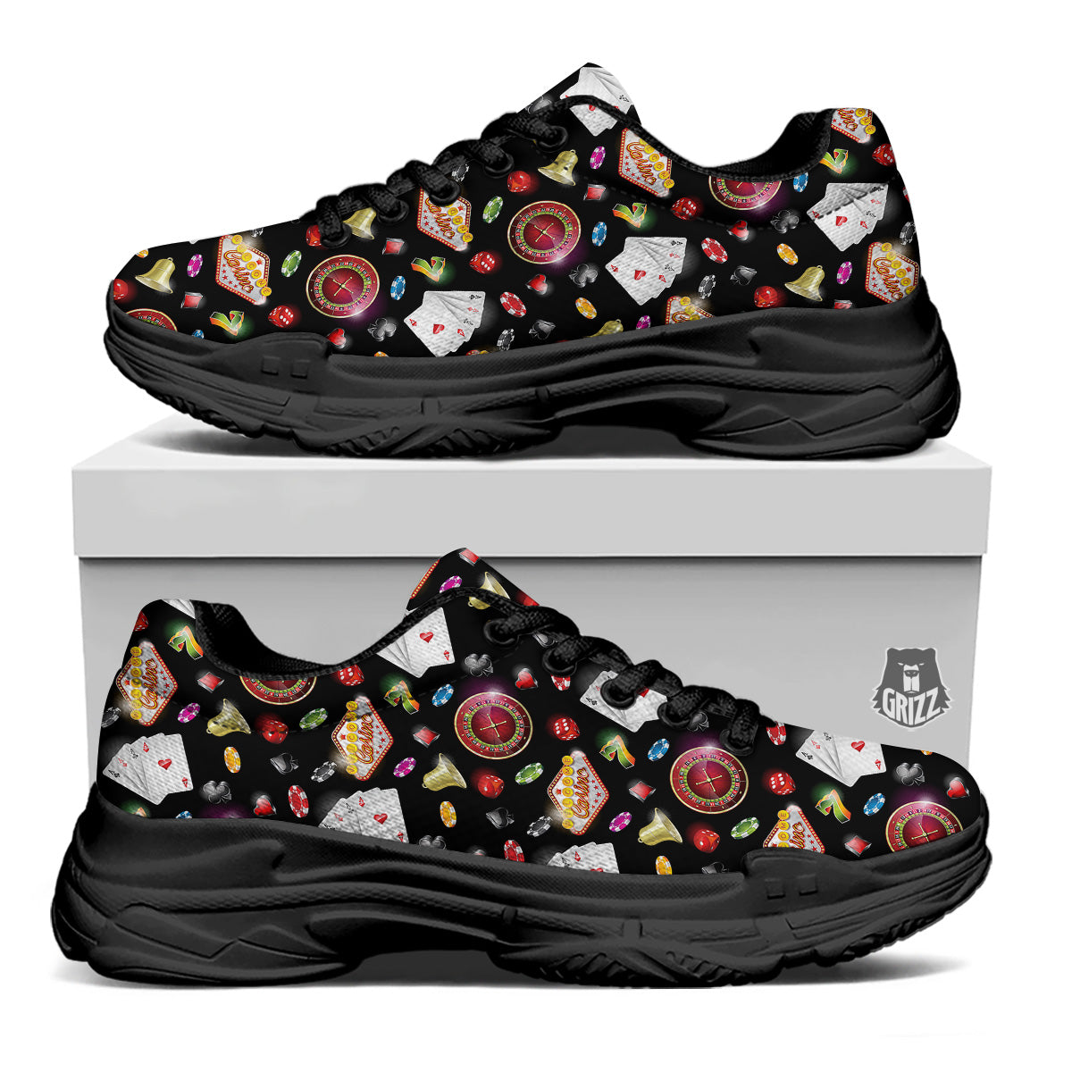 Casino Colorful Entertainments Print Pattern Black Chunky Shoes-grizzshop