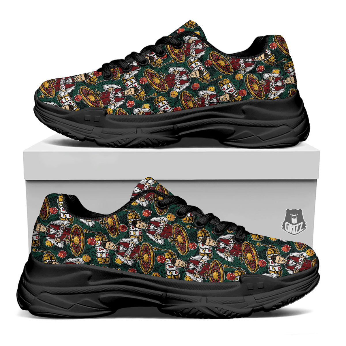 Casino Croupier And Slot Machine Print Pattern Black Chunky Shoes-grizzshop