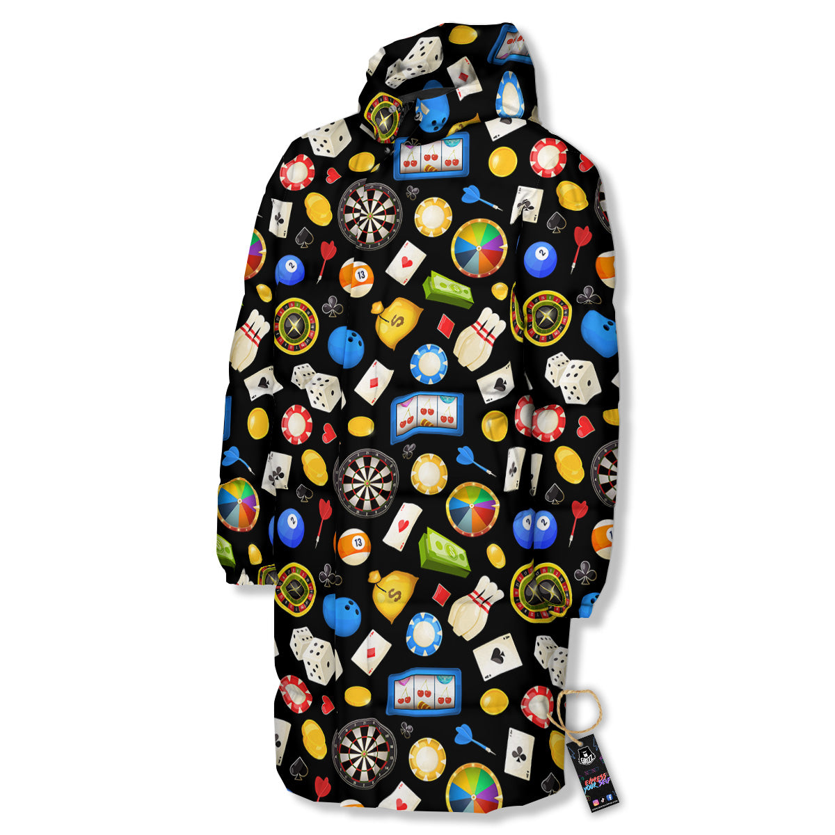 Casino Entertainments Print Pattern Long Down Jacket-grizzshop
