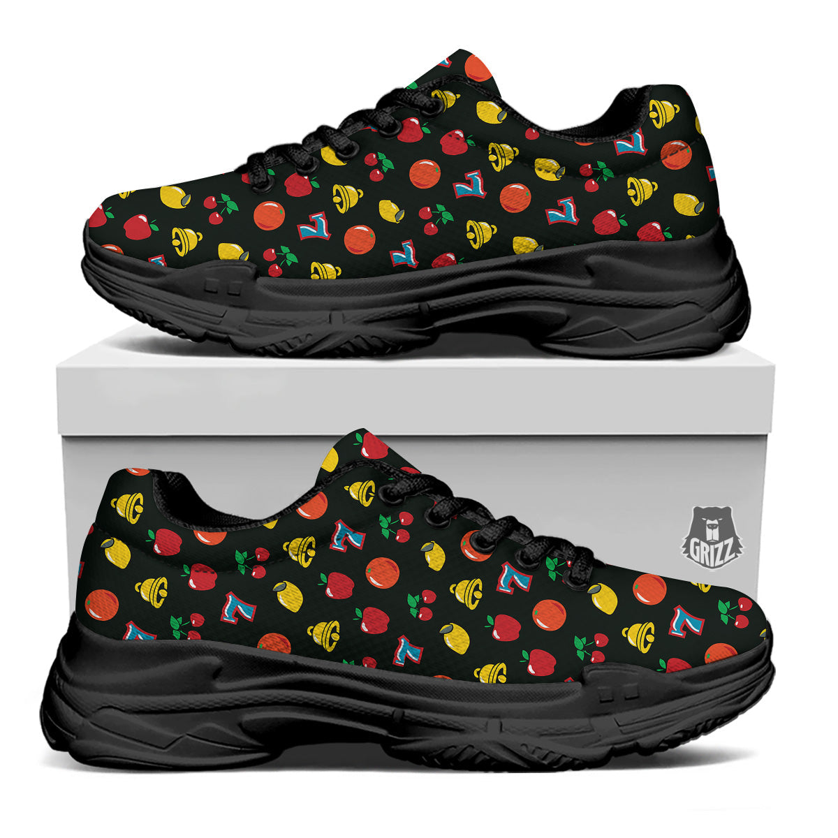 Casino Lucky Sevens Print Pattern Black Chunky Shoes-grizzshop