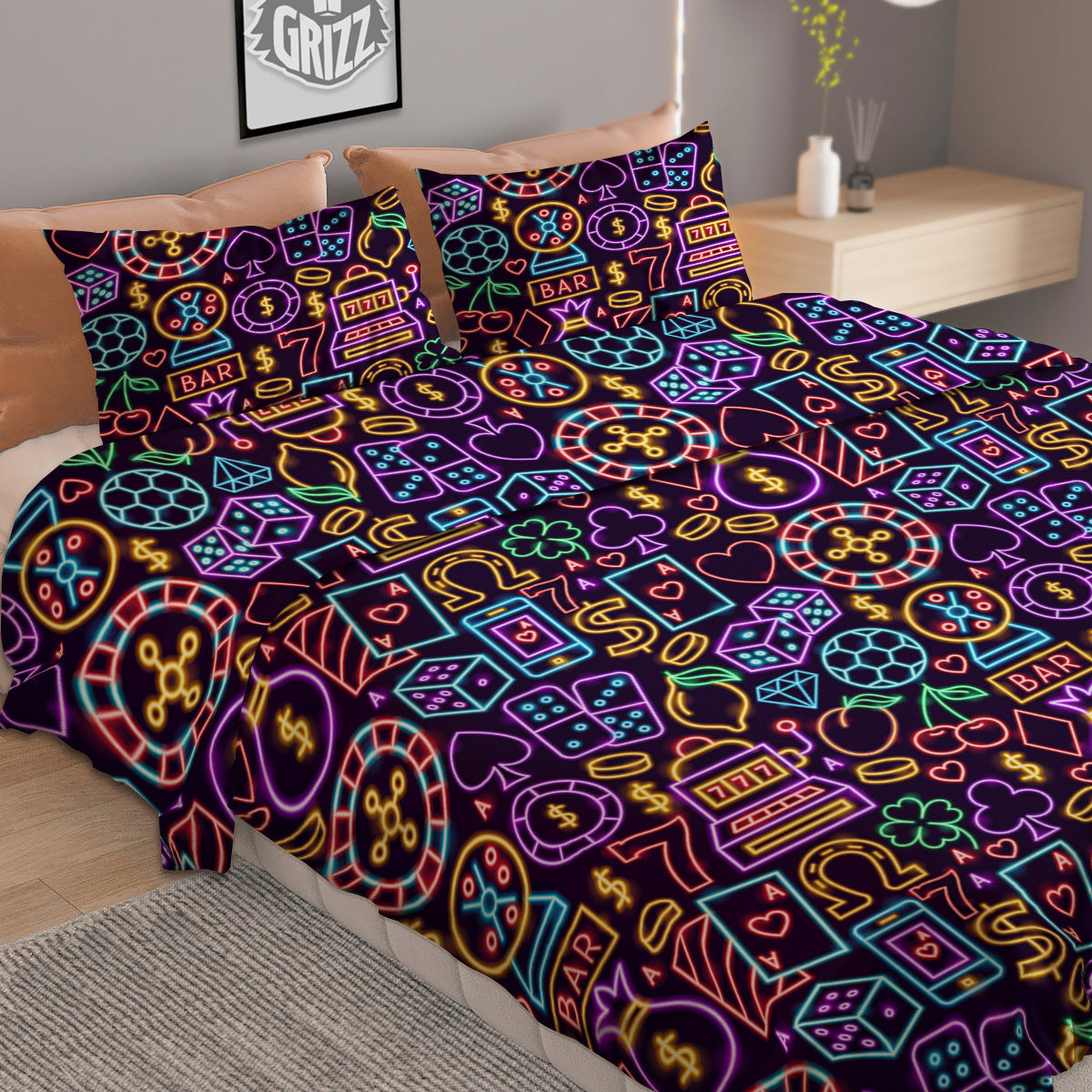 Casino Neon Night Sign Print Pattern Duvet Cover Bedding Set