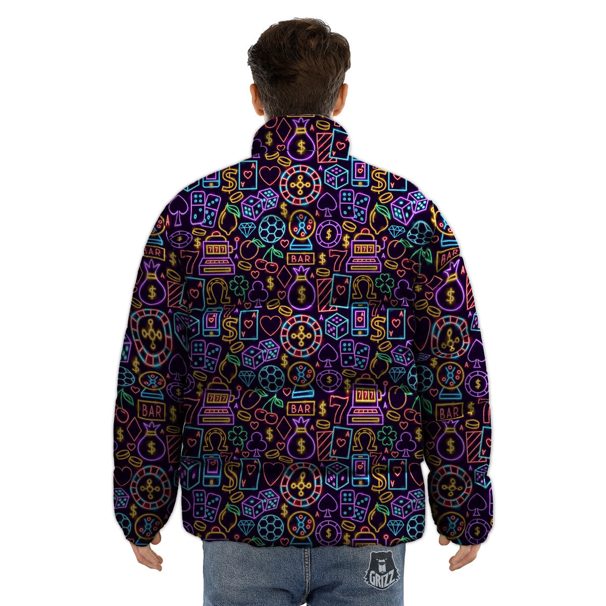 Casino Neon Night Sign Print Pattern Puffer Jacket-grizzshop