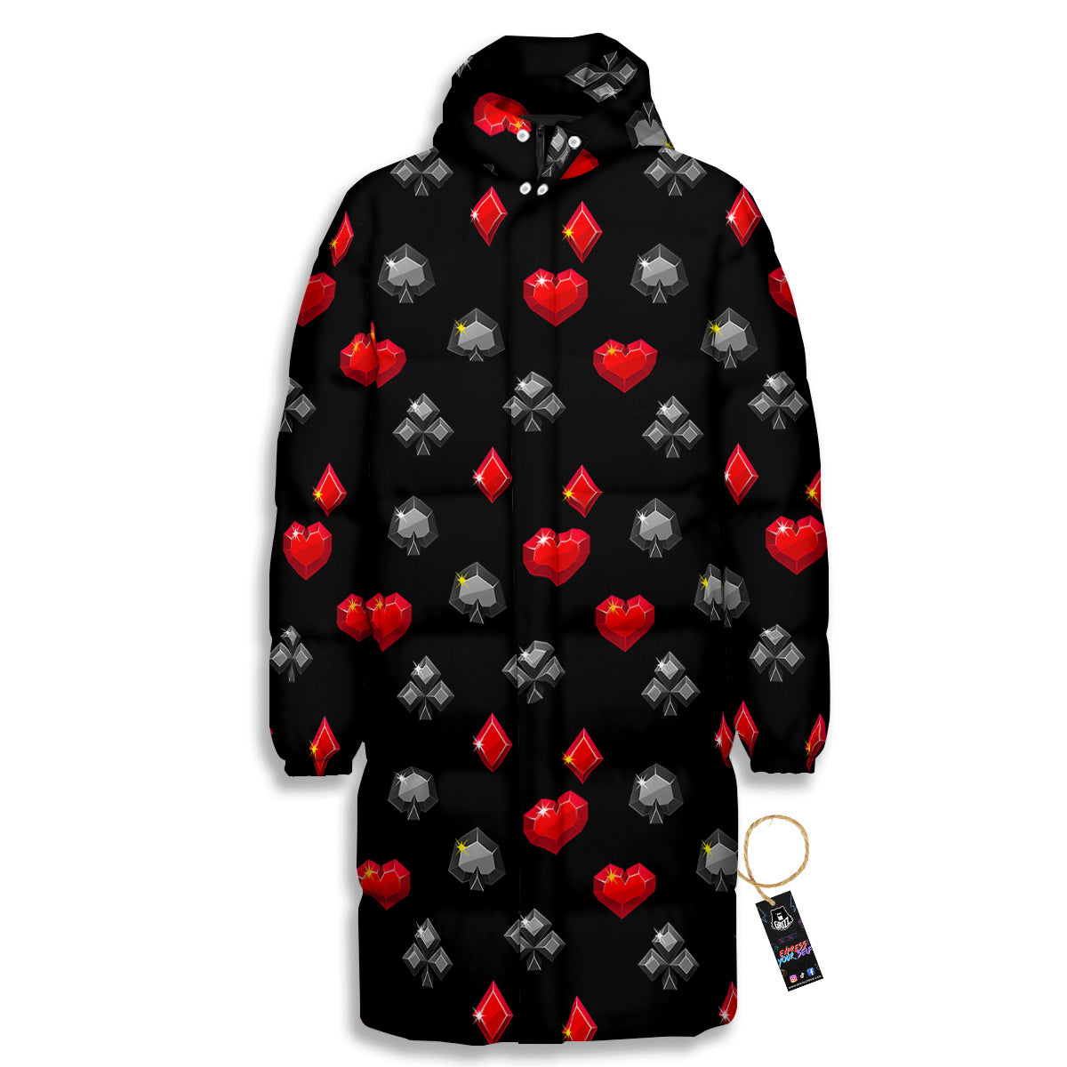 Casino Card Suits Red Black Print Pattern Long Down Jacket