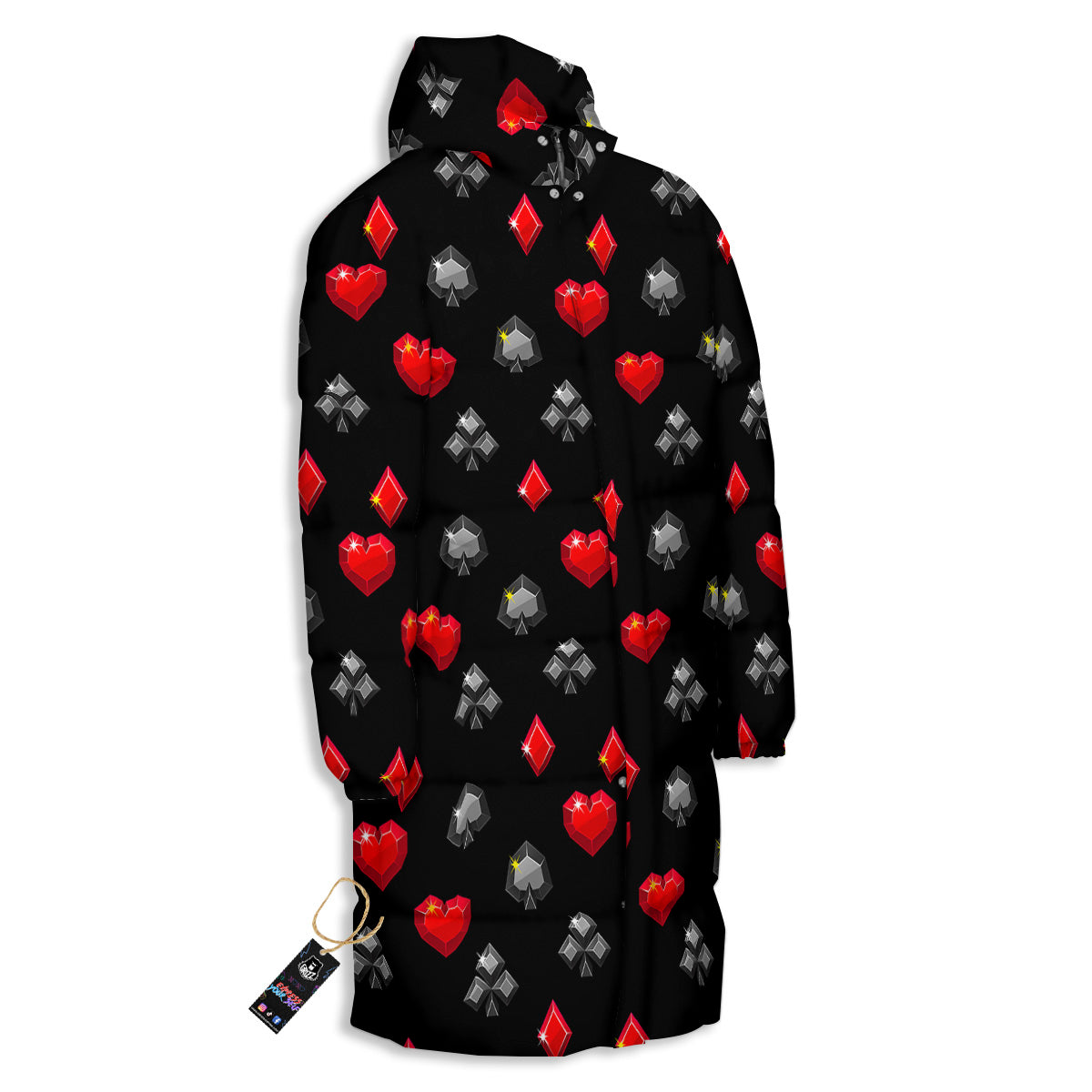 Casino Card Suits Red Black Print Pattern Long Down Jacket