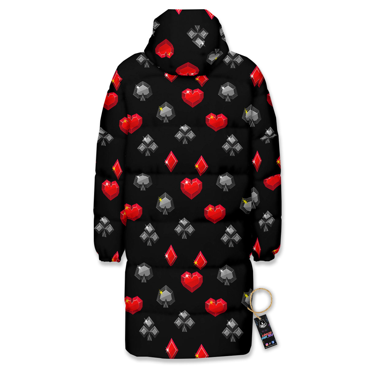 Casino Card Suits Red Black Print Pattern Long Down Jacket