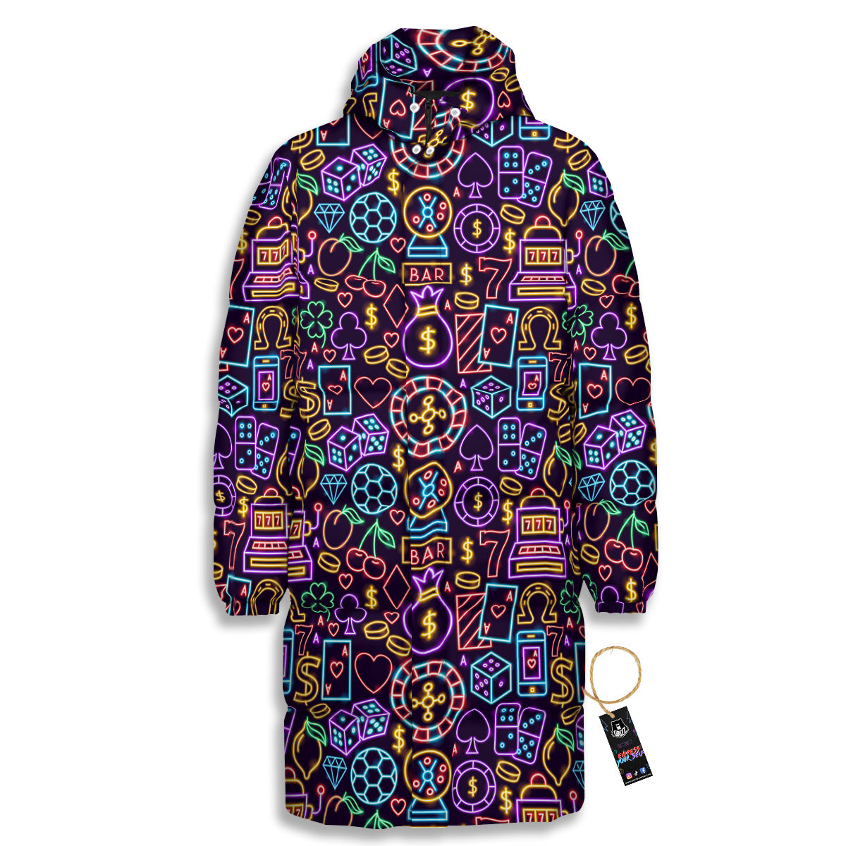 Casino Neon Night Sign Print Pattern Long Down Jacket