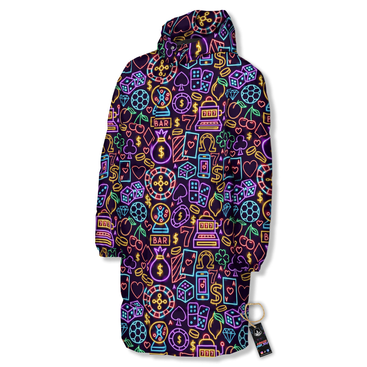 Casino Neon Night Sign Print Pattern Long Down Jacket