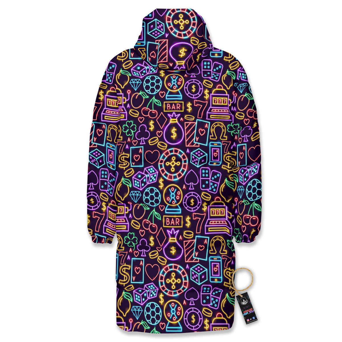 Casino Neon Night Sign Print Pattern Long Down Jacket