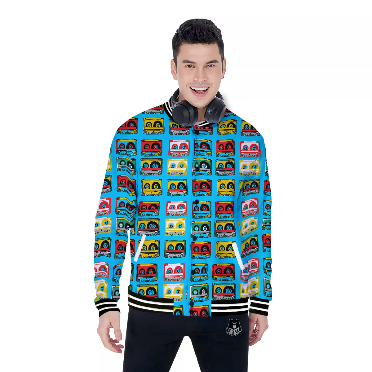 Cassette Colorful Print Pattern Baseball Jacket-grizzshop