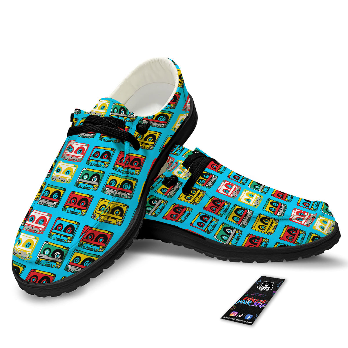 Cassette Colorful Print Pattern Black Loafers-grizzshop