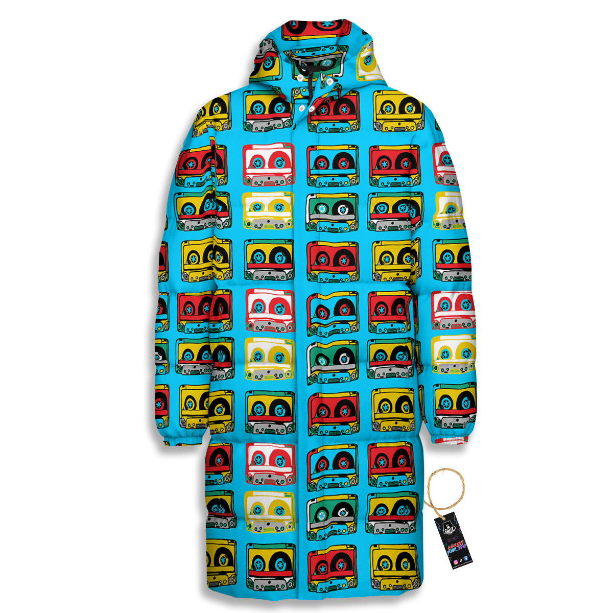 Cassette Colorful Print Pattern Long Down Jacket-grizzshop