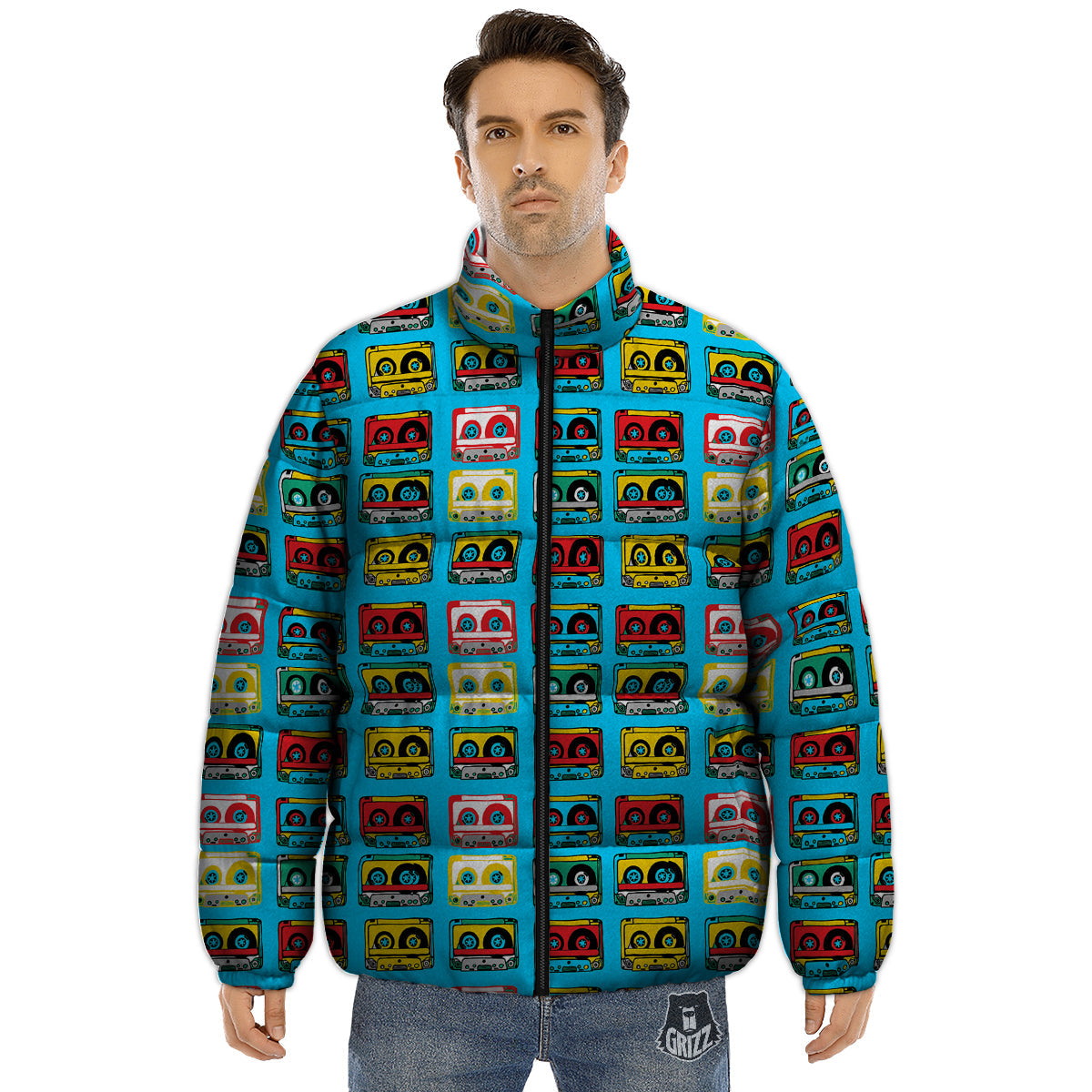 Cassette Colorful Print Pattern Puffer Jacket-grizzshop