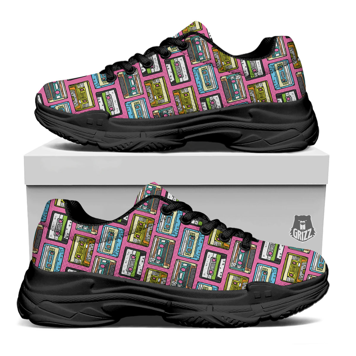 Cassette Drawing Print Pattern Black Chunky Shoes-grizzshop