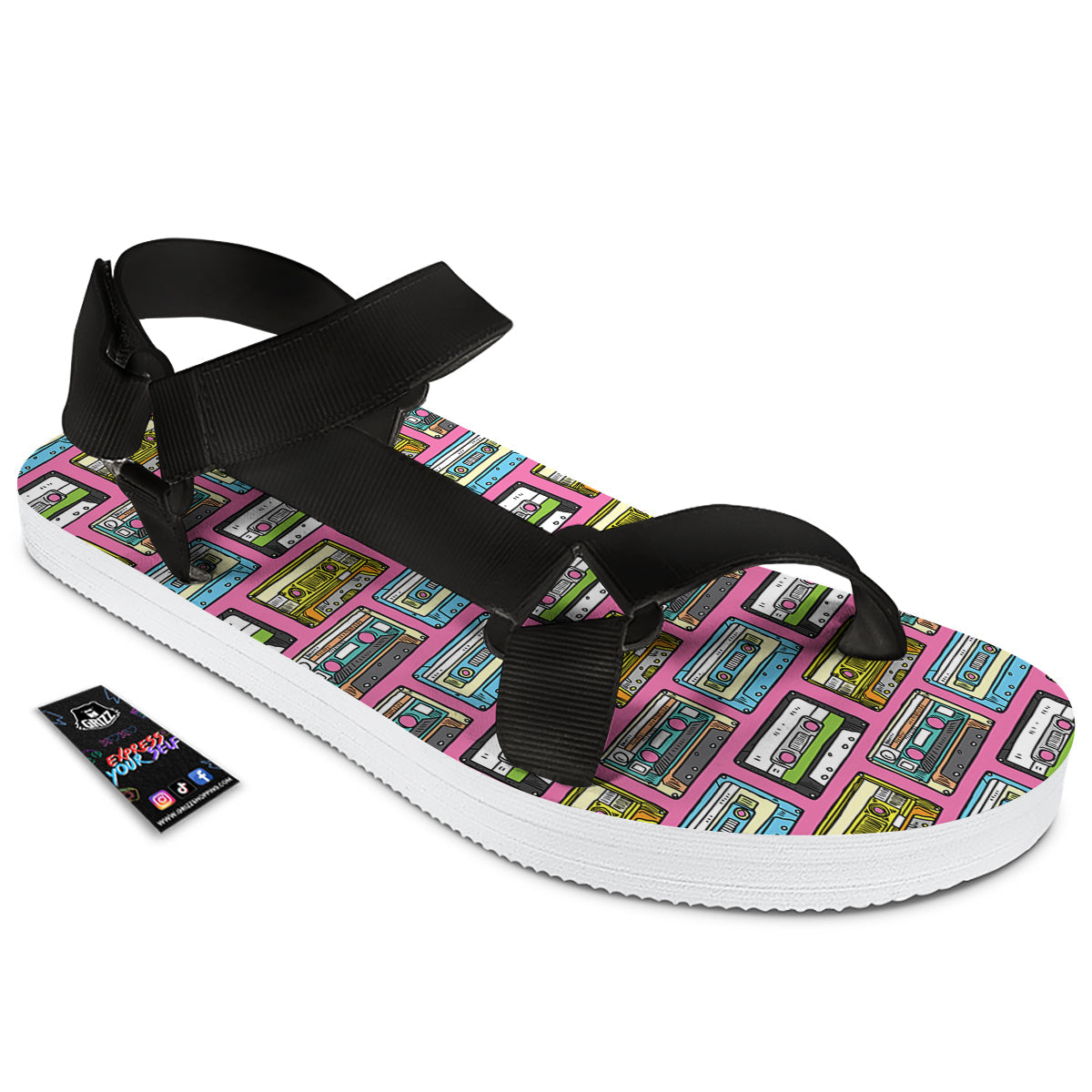 Cassette Drawing Print Pattern Black Open Toe Sandals-grizzshop