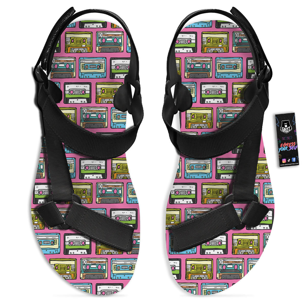 Cassette Drawing Print Pattern Black Open Toe Sandals-grizzshop
