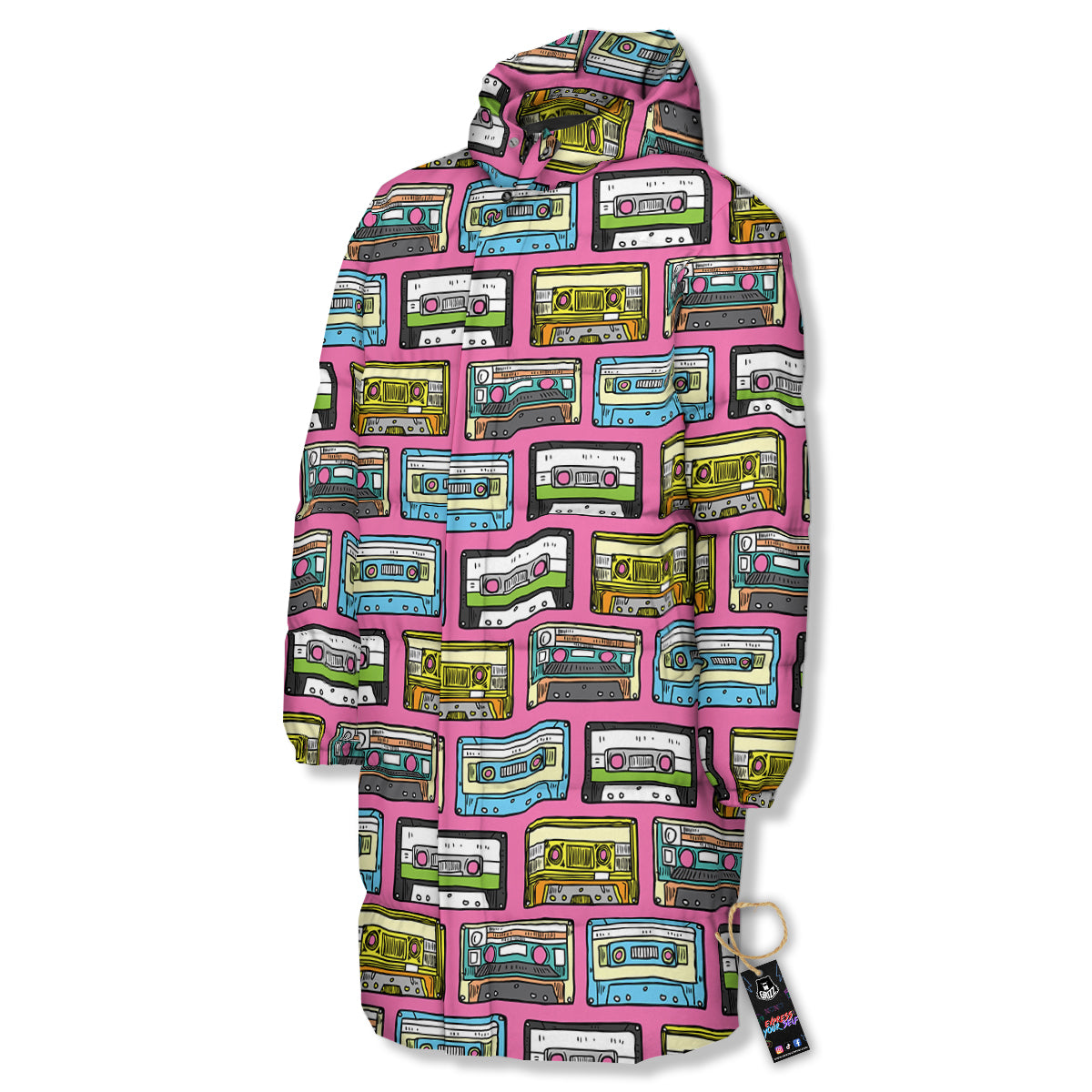 Cassette Drawing Print Pattern Long Down Jacket-grizzshop