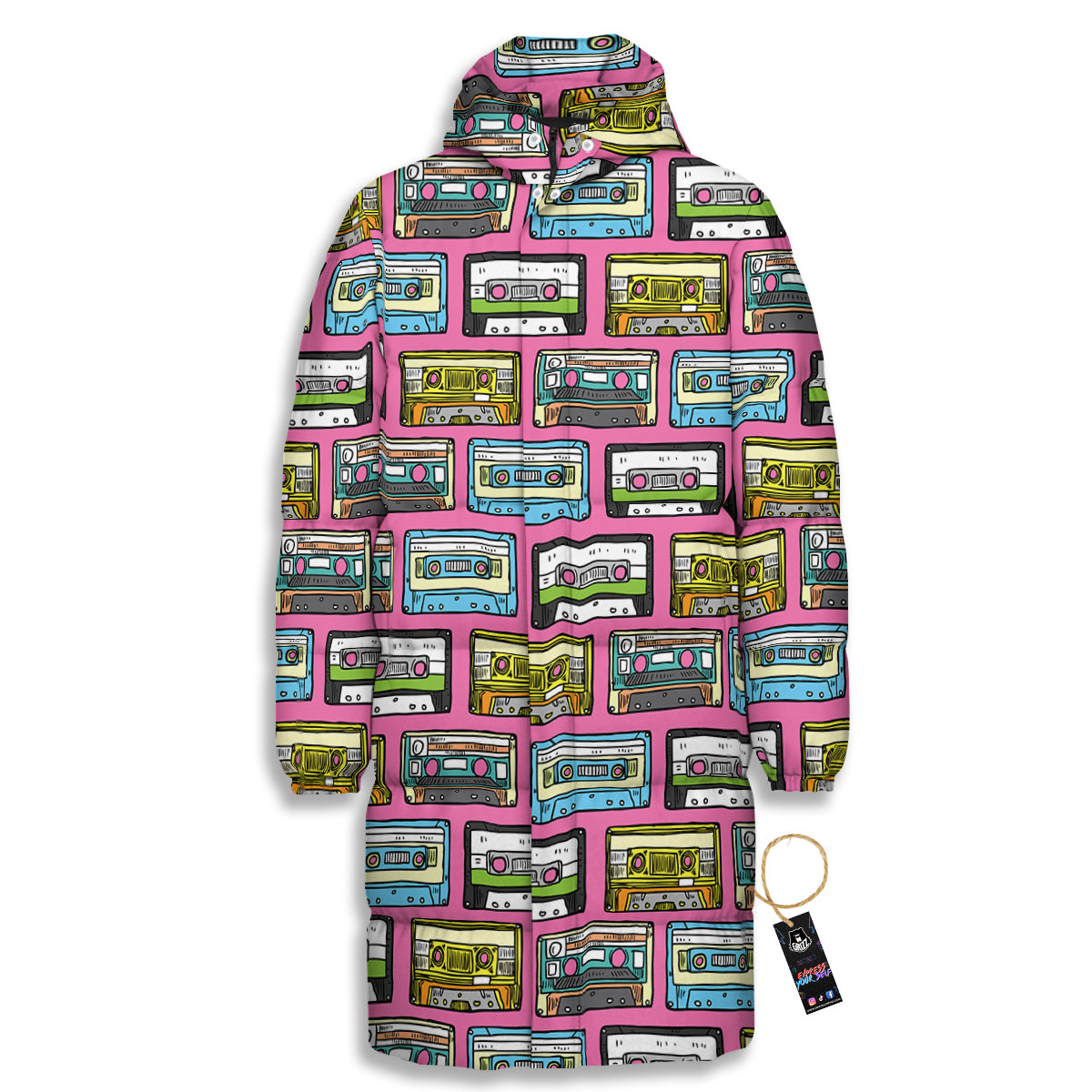 Cassette Drawing Print Pattern Long Down Jacket-grizzshop