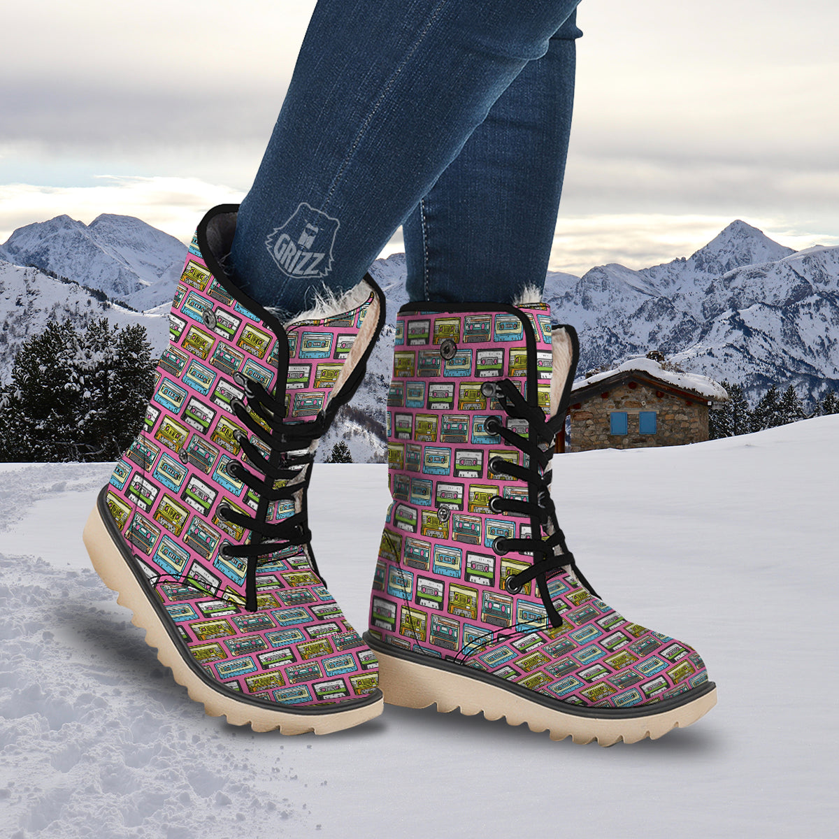 Cassette Drawing Print Pattern Snow Boots-grizzshop