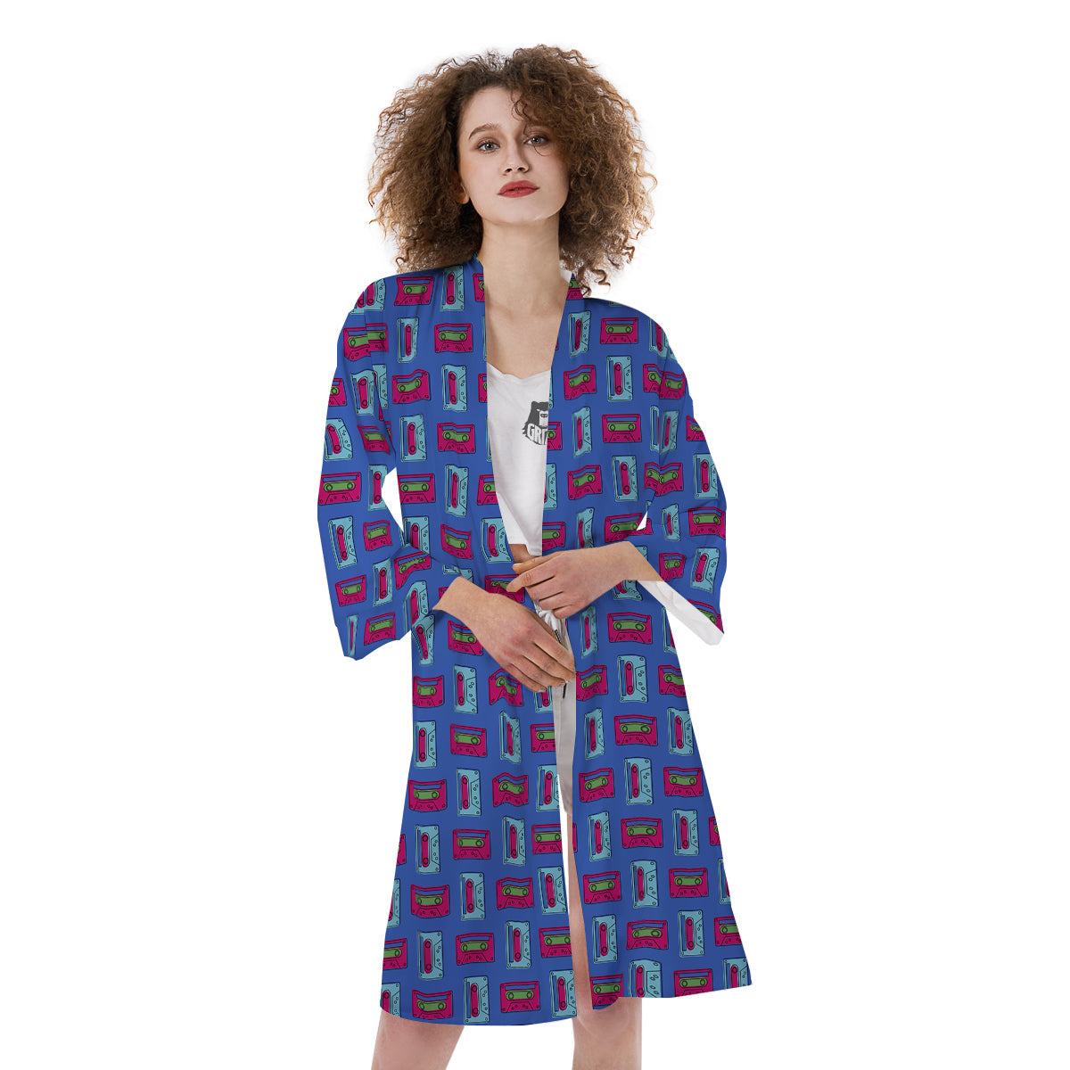 Cassette Pink And Blue Print Pattern Kimono-grizzshop
