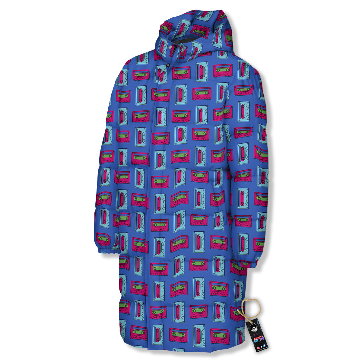 Cassette Pink And Blue Print Pattern Long Down Jacket-grizzshop